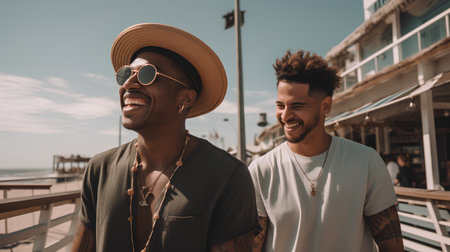 Portrait of two young men in sunglasses and hat on the pierの素材