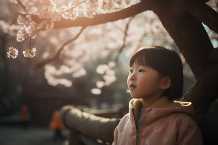 Cherry blossoms and happy asian little girl in the parkの素材
