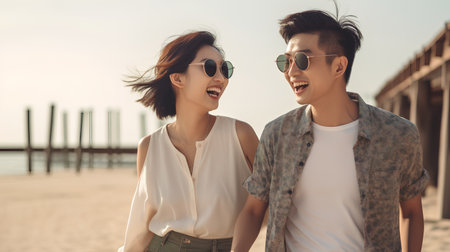 Happy asian couple in sunglasses walking on the beach at sunset.の素材