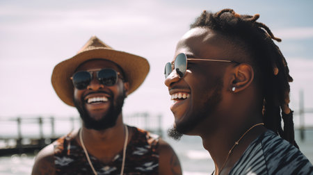 Two african american young men in sunglasses and hat having fun on the beach.の素材