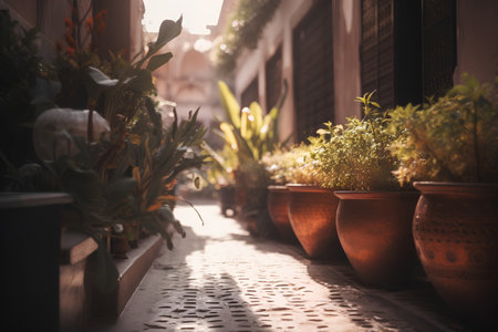 Flowers in pots in a cozy courtyard of a house in the cityの素材