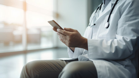 Doctor using mobile smart phone in the hospital,healthcare and medical concept.の素材