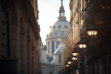 Street lights in Paris, France, with St. Paul's Cathedral in the backgroundの素材