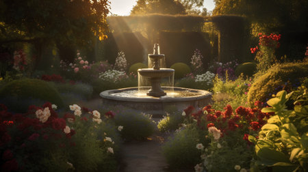 Fountain in the garden at sunset. 3d render illustration.の素材