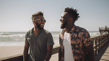 Portrait of two african american men standing on the beachの素材