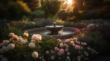 Fountain in the garden at sunrise. Beautiful summer landscape with flowersの素材