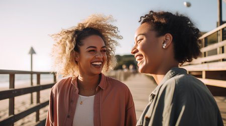 Portrait of two smiling young women looking at each other on the beachの素材