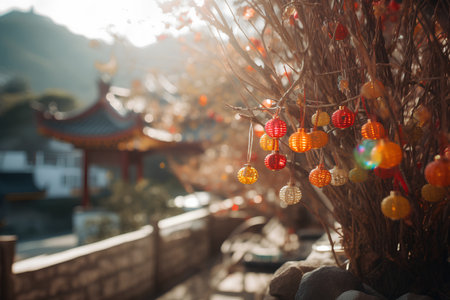 Colorful Chinese lanterns hanging on a tree with blurred background.の素材