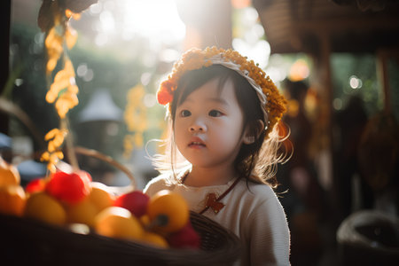 Cute little asian girl with basket of fresh fruits and vegetablesの素材