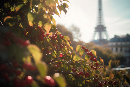 Berries on the branches of a bush in Paris, France.の素材