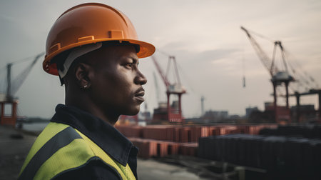 Portrait of African-american worker in hardhat at shipyardの素材