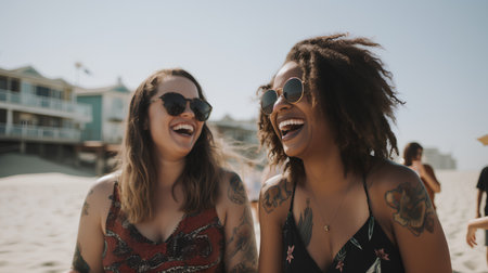 Portrait of two happy young women having fun on the beach.の素材