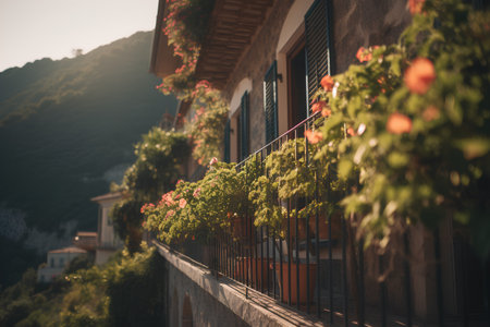 Beautiful view of a typical Italian village with balconies and flowersの素材
