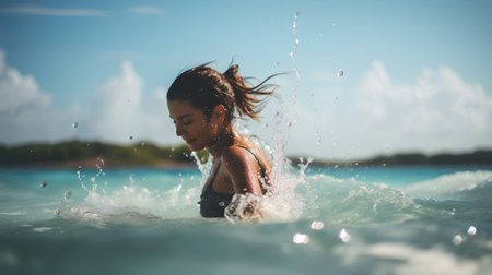 Beautiful young woman splashing in the water on a tropical beachの素材