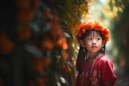 Little Asian girl in Thai traditional costume with orange flower garland in the garden.の素材