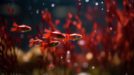 Red fish in the aquarium with water drops. Shallow depth of fieldの素材