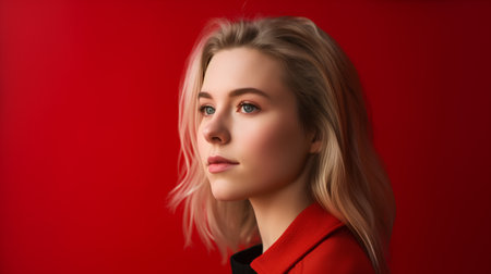 Portrait of beautiful blonde woman in red coat on red background.の素材