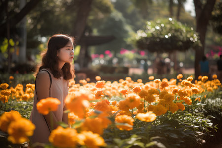 Beautiful asian woman in flower garden at sunset, vintage toneの素材