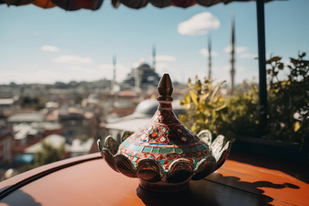 Turkish ceramic pot on the terrace of a restaurant in Istanbul, Turkeyの素材