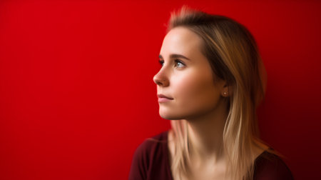 Portrait of a beautiful young woman on a red background. Copy space.の素材