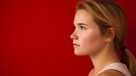 Portrait of a young beautiful girl on a red background. Close-up.の素材