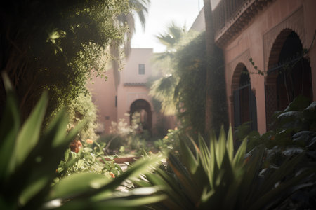 Beautiful tropical garden with palm trees and plants. Vintage tone.の素材