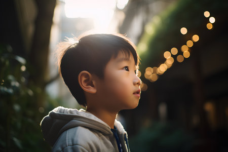 Portrait of a little boy in the park with bokeh backgroundの素材