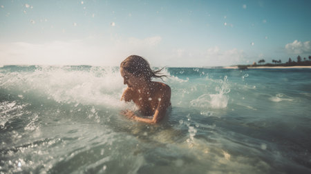 Beautiful girl in the sea splashes water. Toned.の素材