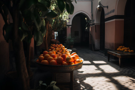 Oranges in a basket on a table in the courtyard of the mosqueの素材