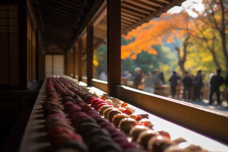 Traditional japanese sweets on the windowsill of a Buddhist templeの素材