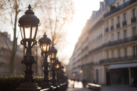 Lanterns on the street in Paris, France, at sunsetの素材