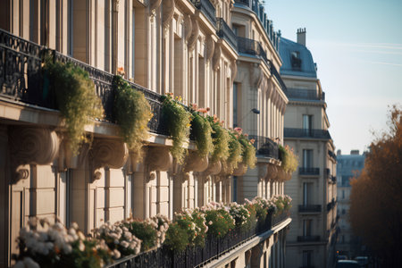 Beautiful Parisian streets with flowers on the balconies in Paris, Franceの素材