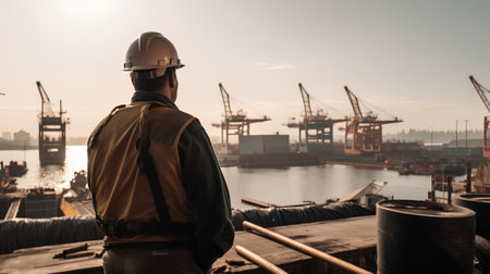 Port Engineer or foreman working at shipyard with cargo cranes in backgroundの素材