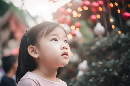 Portrait of little asian girl on christmas tree background.の素材