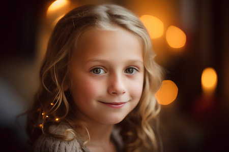 Portrait of a cute little girl in a room decorated for Christmas.の素材