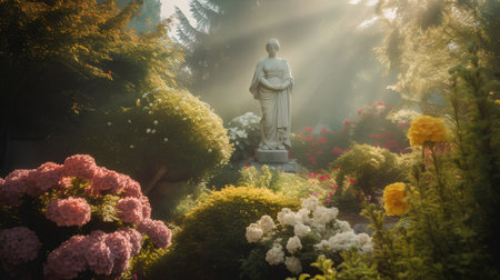 Statue of Jesus Christ on the background of flowers in the gardenの素材