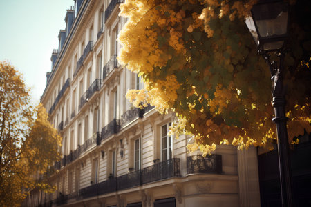 Beautiful autumn cityscape in Paris, France. Yellow leaves of ginkgo treesの素材