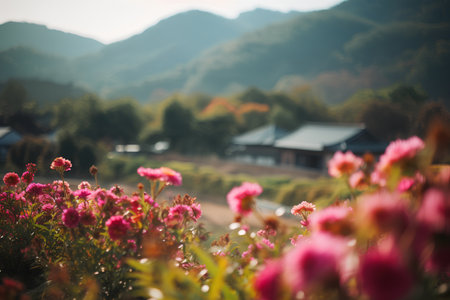 Colorful flowers in the garden with mountains background, vintage tone.の素材