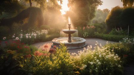 Fountain in the park at sunrise. Beautiful summer landscape with flowers.の素材