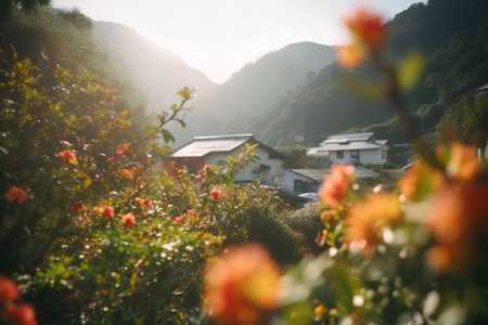 Mountain village in the morning with red flowers and green grass.の素材