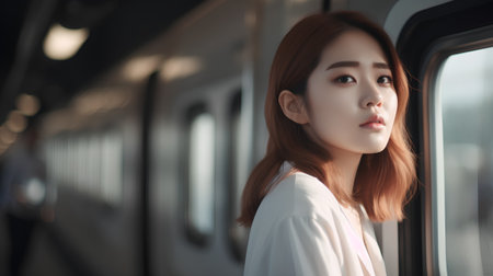 beautiful asian woman with long hair in train, lifestyle people conceptの素材