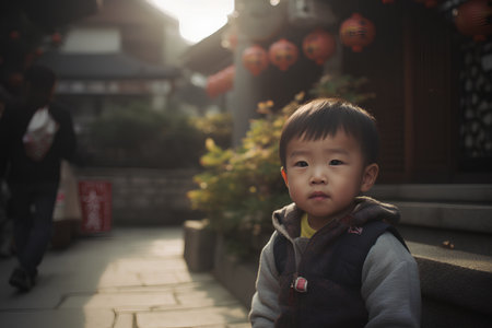 Little asian boy in chinese temple, vintage color tone.の素材
