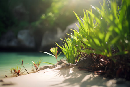 Green grass on the beach with sunlight. Nature and environment concept.の素材