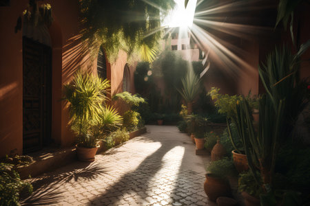 Luxury garden at night with sunbeams and shadows.の素材