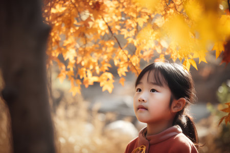 Little asian girl in the autumn park with yellow maple leaves.の素材