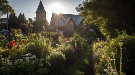 Sunrise in the garden with church and flowers on the foreground.の素材