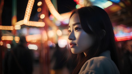 Beautiful asian woman in the city at night with bokehの素材
