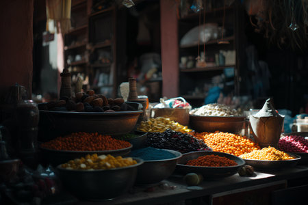 Colorful spices and dried fruits in a spice shop in India.の素材