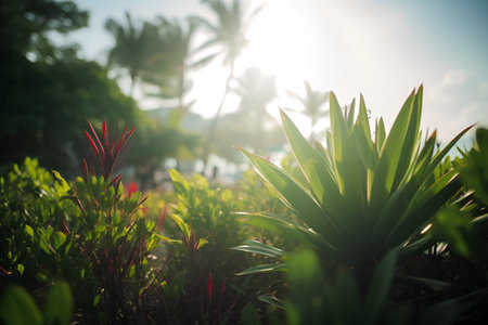 Beautiful tropical garden with flowers and sunlight. Vintage color tone.の素材