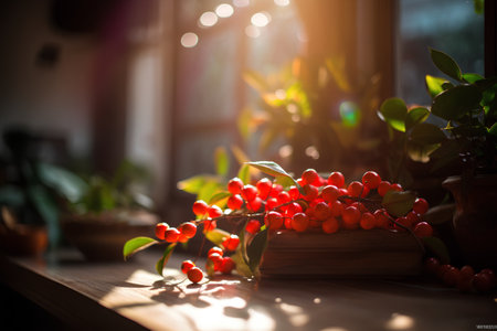 Red berries of viburnum on a wooden table in the sunlightの素材